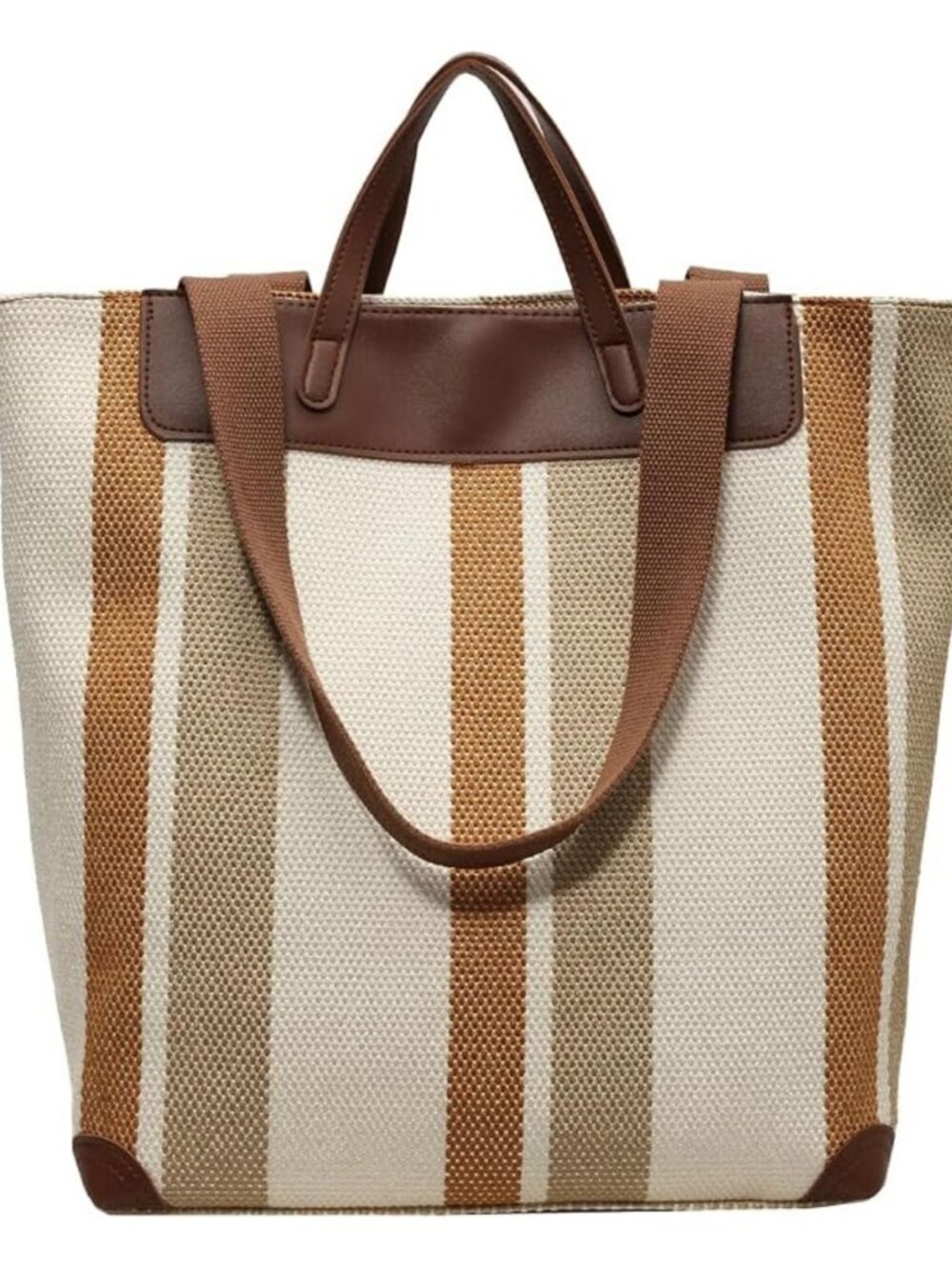 Large Beige Brown Stripe Canvas Tote Laptop Shoulder Bag Faux Leather Handles